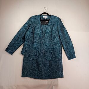 Kasper 2 PC Dress Jacket Suit Set Womens Size 16 Teal Jacquard Dressy Mob Wife